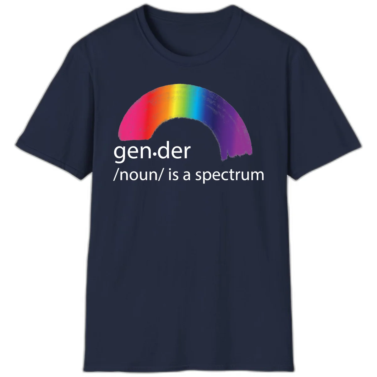 Rainbow arc with text 'gen.der /noun/ is a spectrum' celebrating gender diversity and LGBTQ pride in Navy