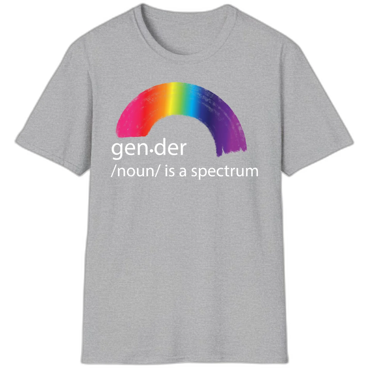 Rainbow arc with text 'gen.der /noun/ is a spectrum' celebrating gender diversity and LGBTQ pride in Sport Grey