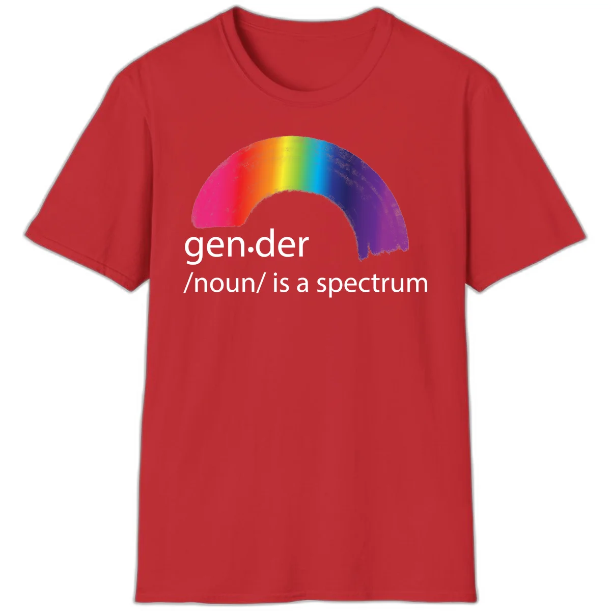 Rainbow arc with text 'gen.der /noun/ is a spectrum' celebrating gender diversity and LGBTQ pride in Red
