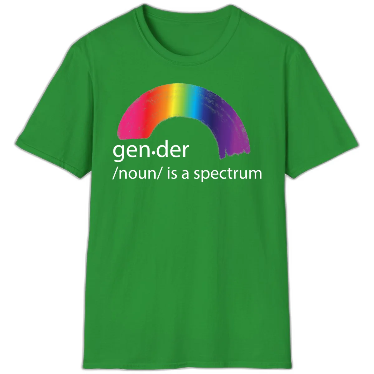 Rainbow arc with text 'gen.der /noun/ is a spectrum' celebrating gender diversity and LGBTQ pride in Irish Green