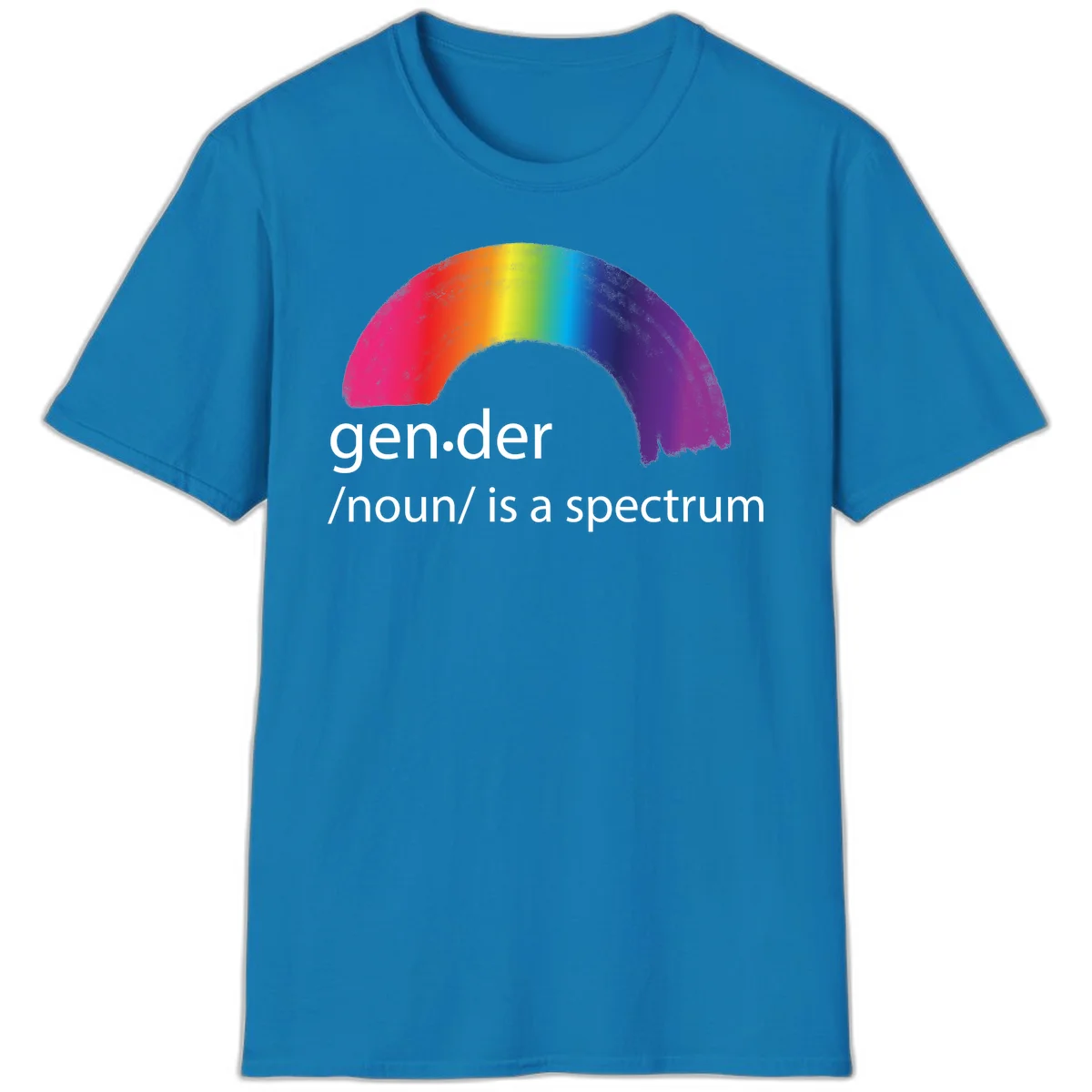Rainbow arc with text 'gen.der /noun/ is a spectrum' celebrating gender diversity and LGBTQ pride in Sapphire