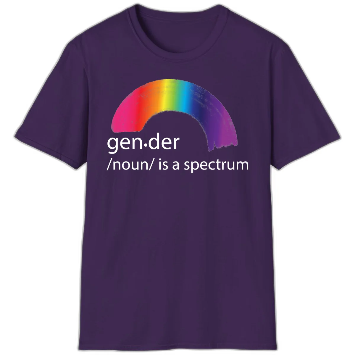 Rainbow arc with text 'gen.der /noun/ is a spectrum' celebrating gender diversity and LGBTQ pride in Purple