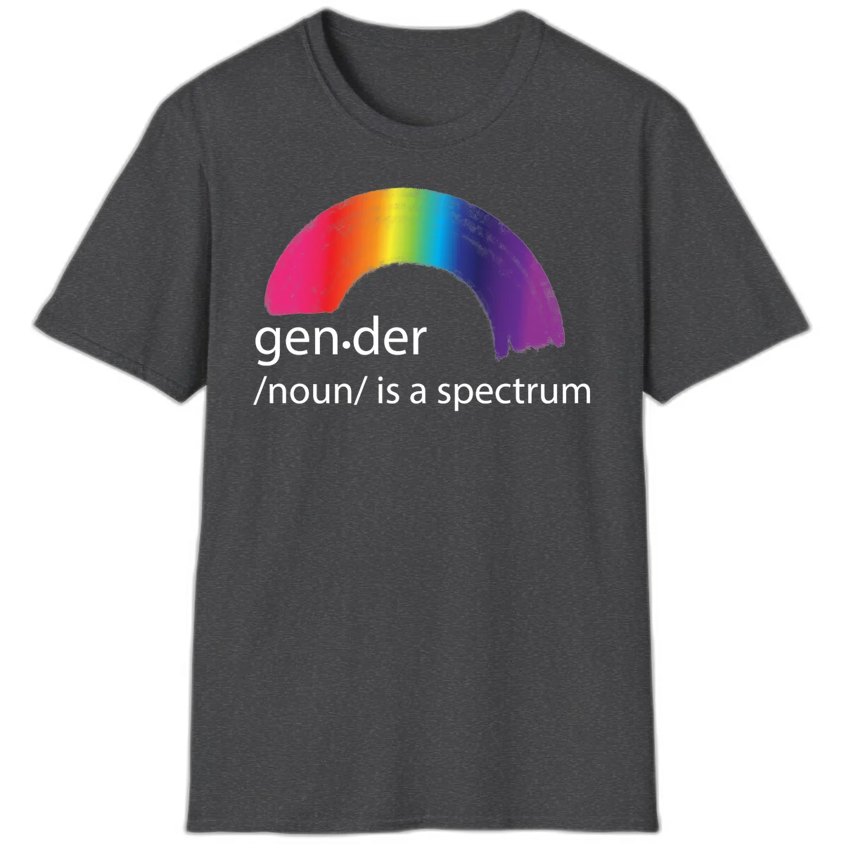 Rainbow arc with text 'gen.der /noun/ is a spectrum' celebrating gender diversity and LGBTQ pride in Dark Heather