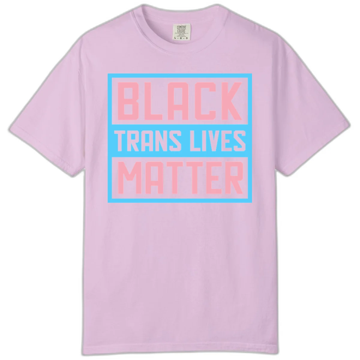 Bold pink block letters spelling 'BLACK TRANS LIVES MATTER' on light blue and gray background in Orchid