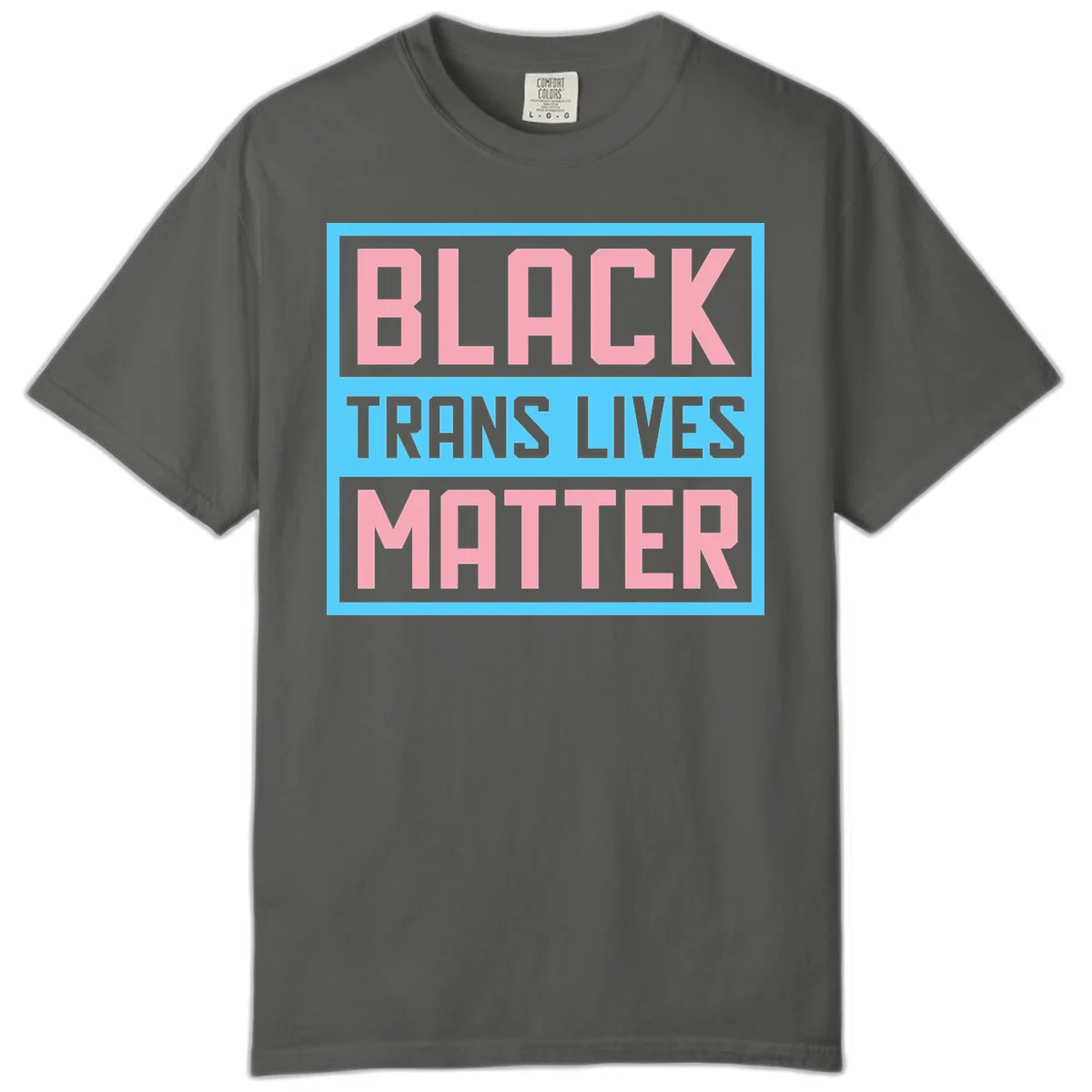 Bold pink block letters spelling 'BLACK TRANS LIVES MATTER' on light blue and gray background in Pepper