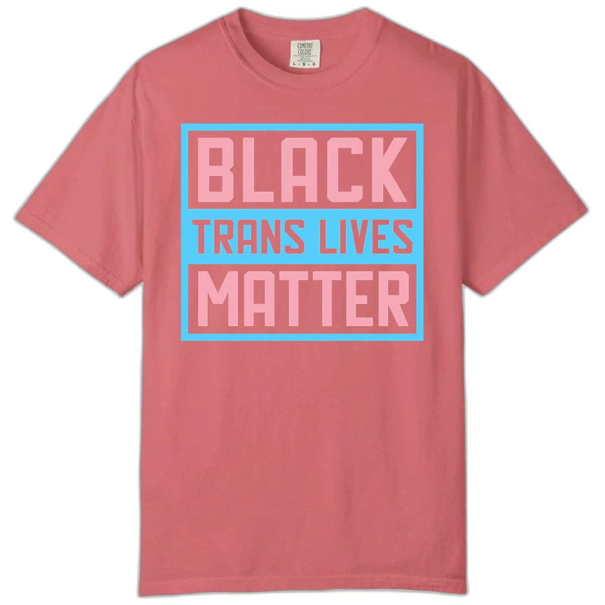 Bold pink block letters spelling 'BLACK TRANS LIVES MATTER' on light blue and gray background in Watermelon