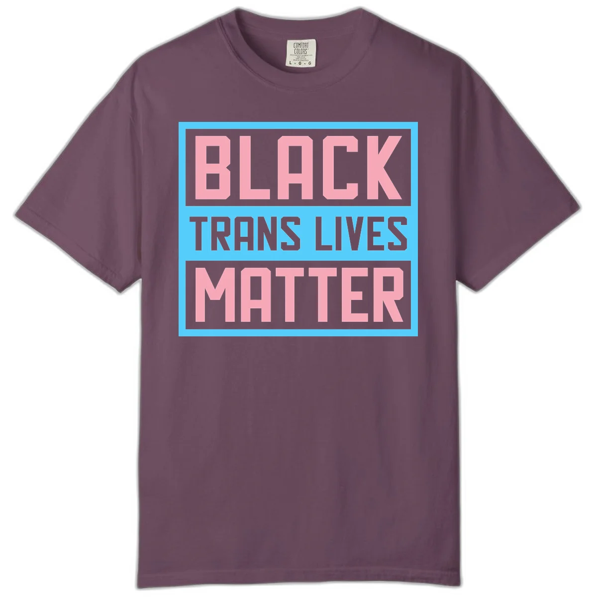 Bold pink block letters spelling 'BLACK TRANS LIVES MATTER' on light blue and gray background in Berry