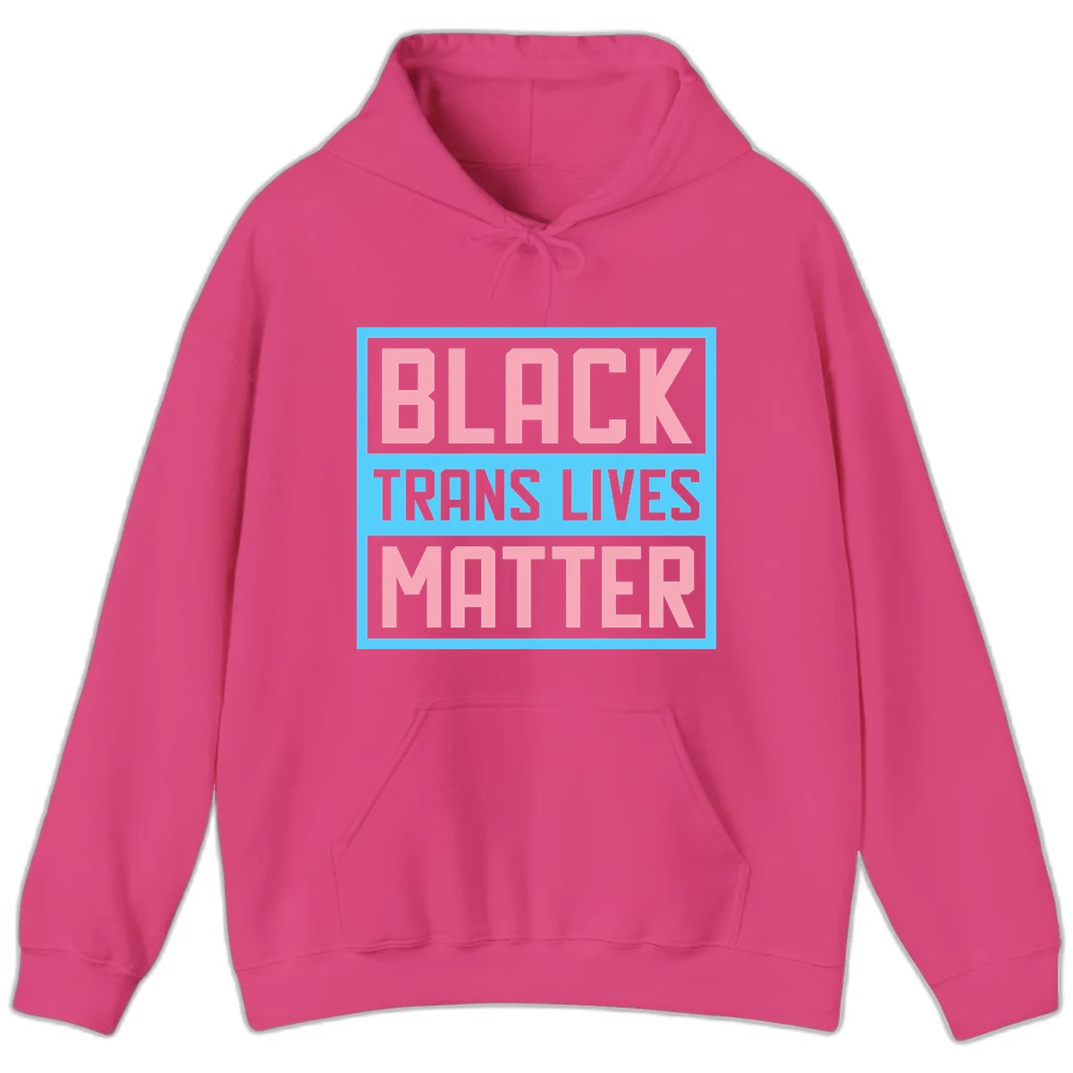 Bold pink block letters spelling 'BLACK TRANS LIVES MATTER' on light blue and gray background in Heliconia