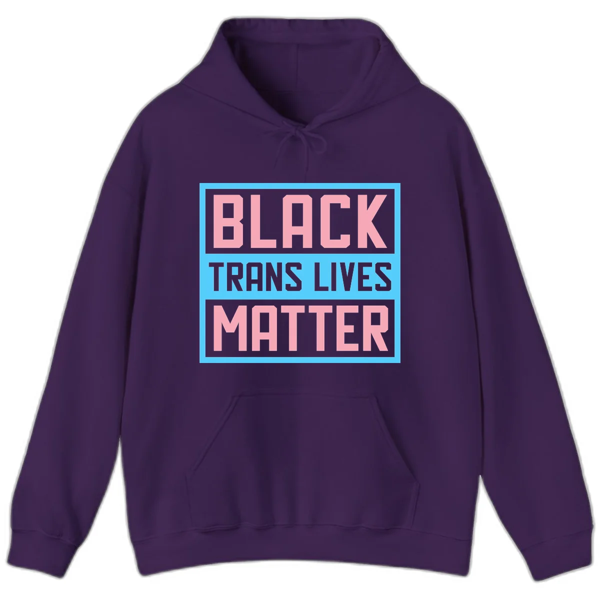 Bold pink block letters spelling 'BLACK TRANS LIVES MATTER' on light blue and gray background in Purple