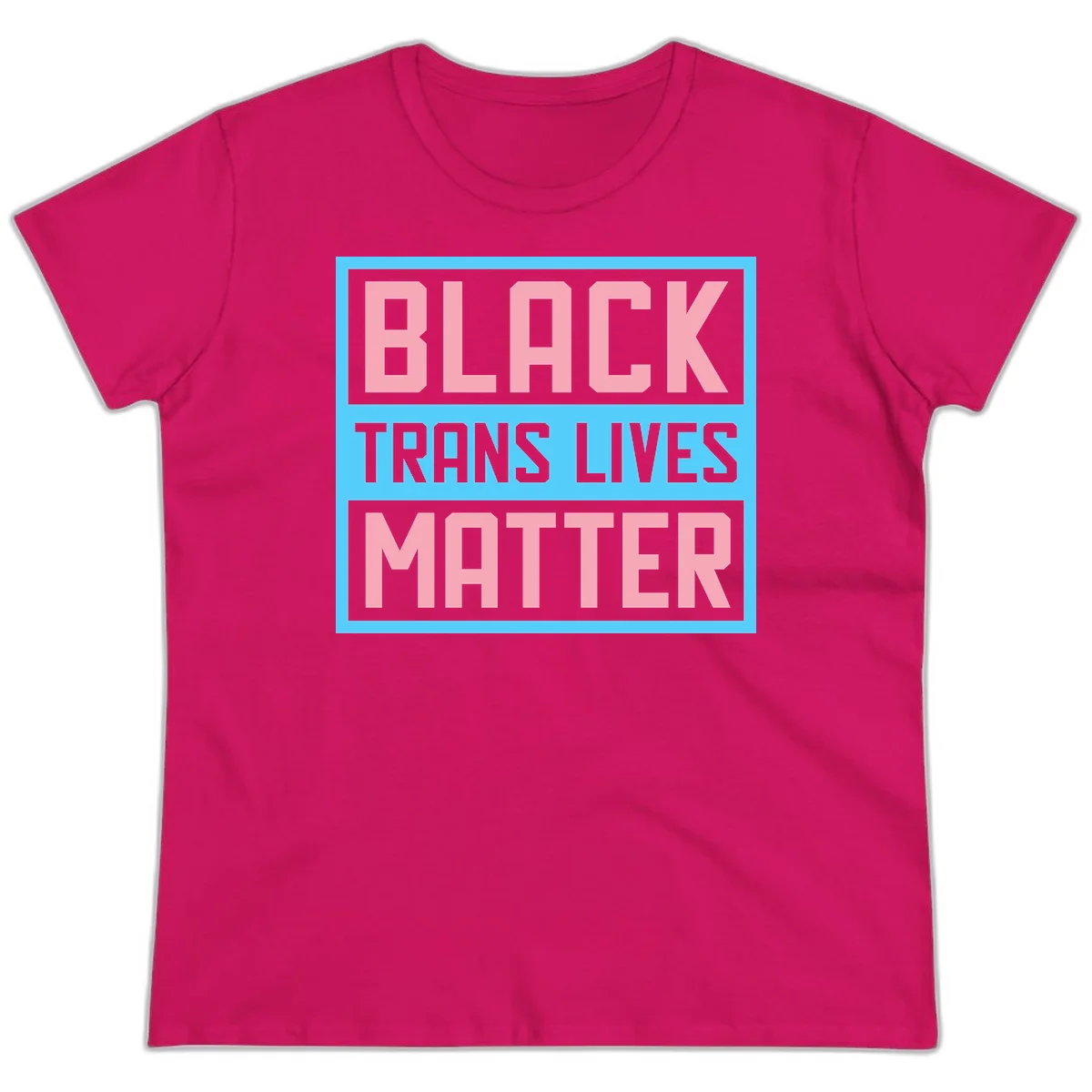 Bold pink block letters spelling 'BLACK TRANS LIVES MATTER' on light blue and gray background in Heliconia