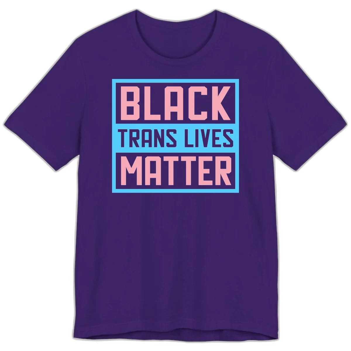 Bold pink block letters spelling 'BLACK TRANS LIVES MATTER' on light blue and gray background in Team Purple