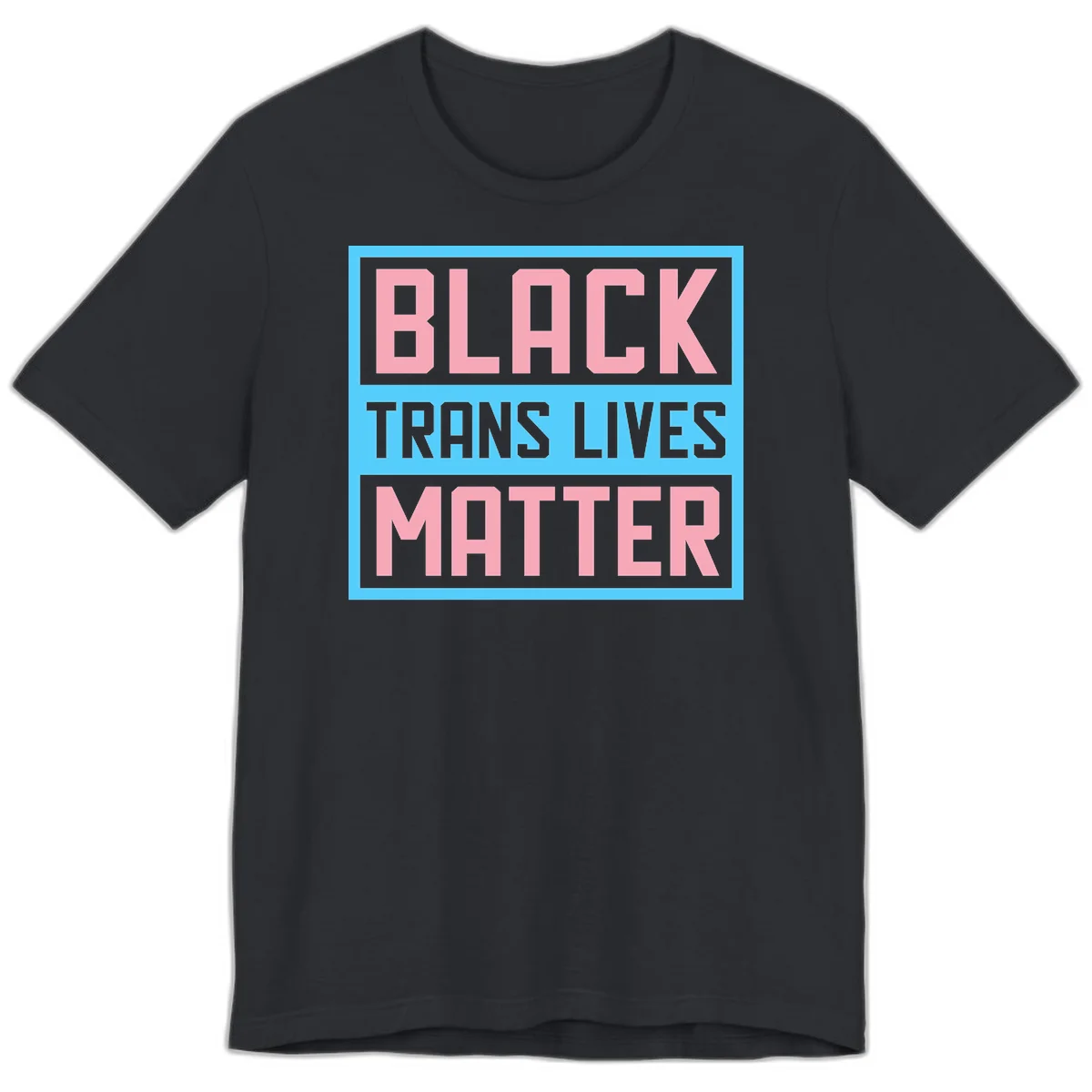 Bold pink block letters spelling 'BLACK TRANS LIVES MATTER' on light blue and gray background in Vintage Black