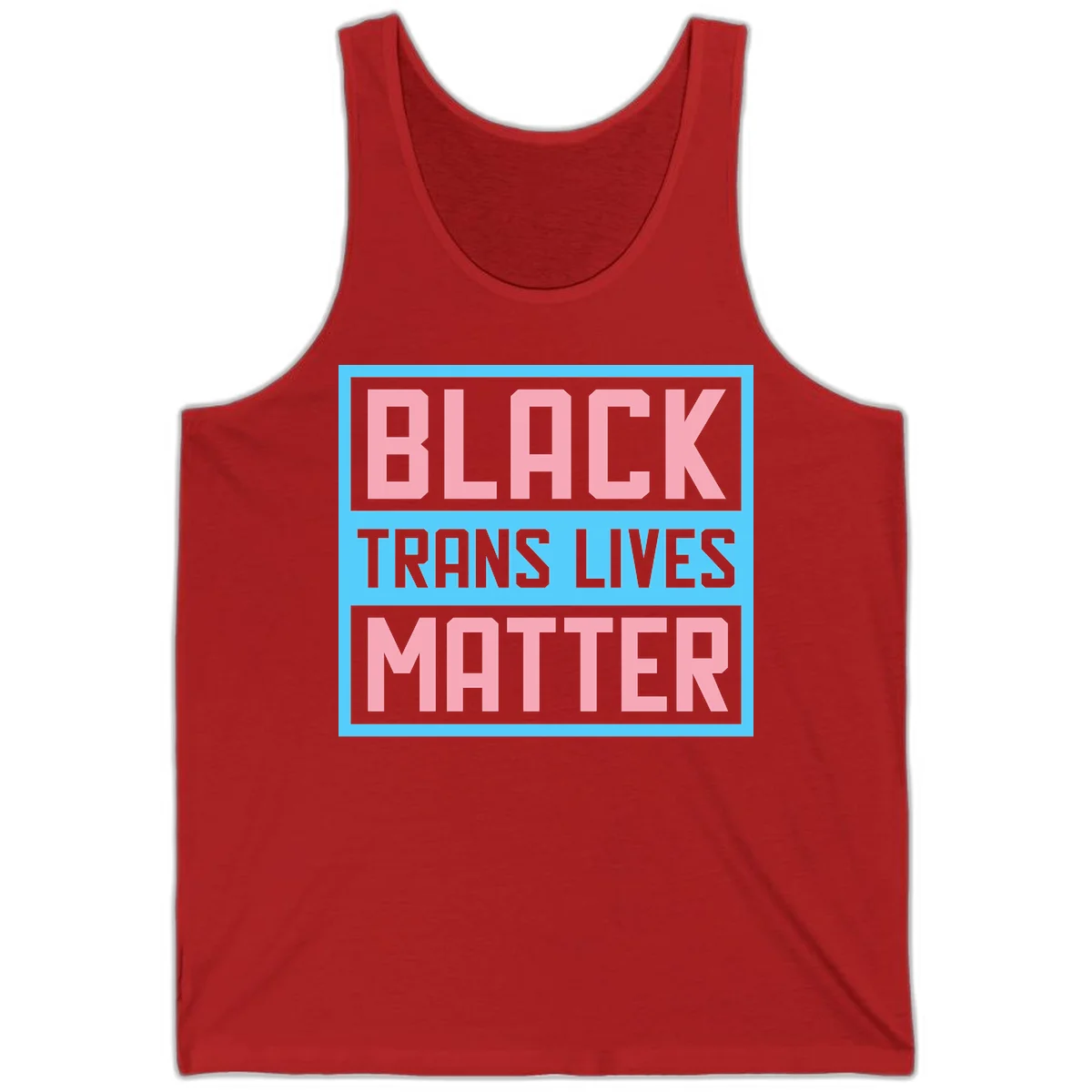 Bold pink block letters spelling 'BLACK TRANS LIVES MATTER' on light blue and gray background in Red