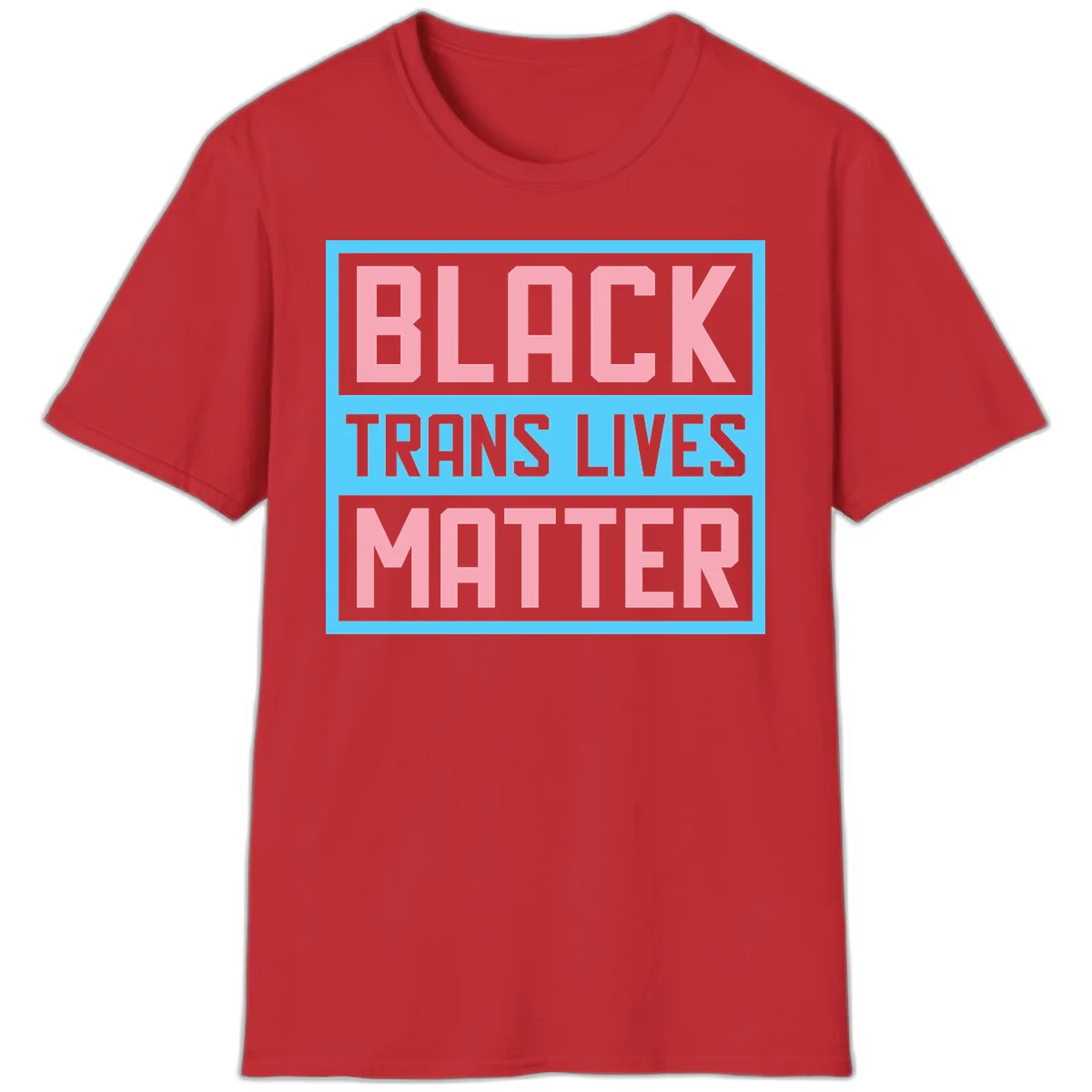 Bold pink block letters spelling 'BLACK TRANS LIVES MATTER' on light blue and gray background in Red