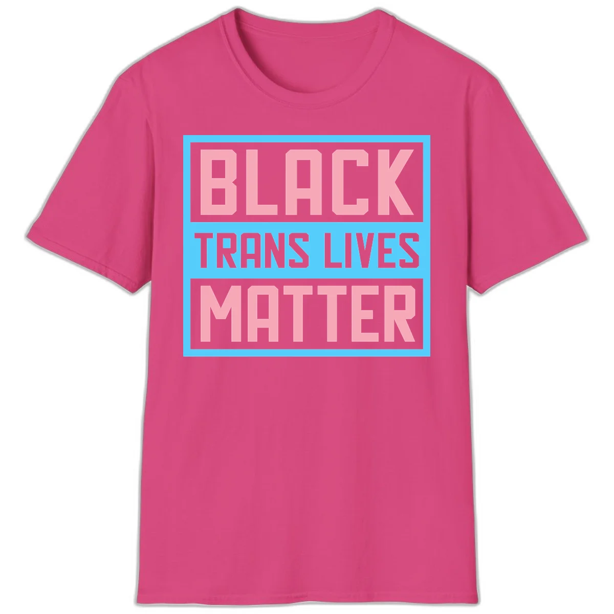 Bold pink block letters spelling 'BLACK TRANS LIVES MATTER' on light blue and gray background in Heliconia