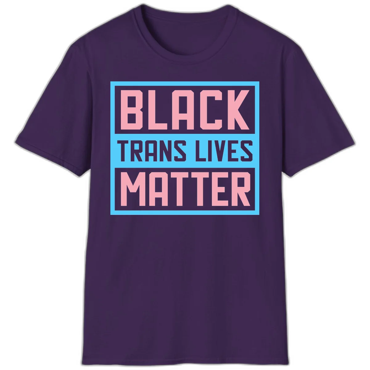 Bold pink block letters spelling 'BLACK TRANS LIVES MATTER' on light blue and gray background in Purple