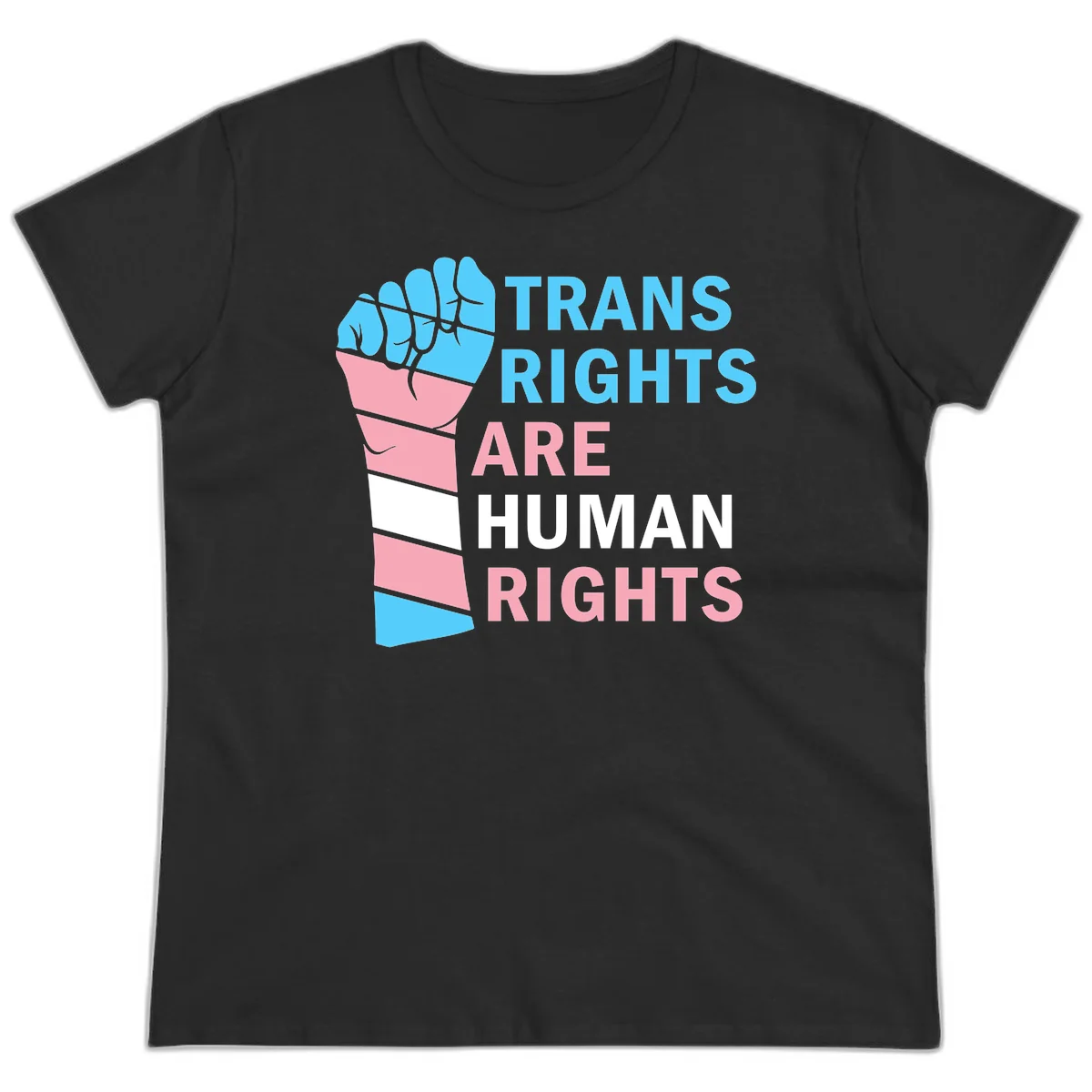 Raised fist in trans flag colors (blue, pink, white) with text 'Trans Rights Are Human Rights' promoting equality and pride in Black