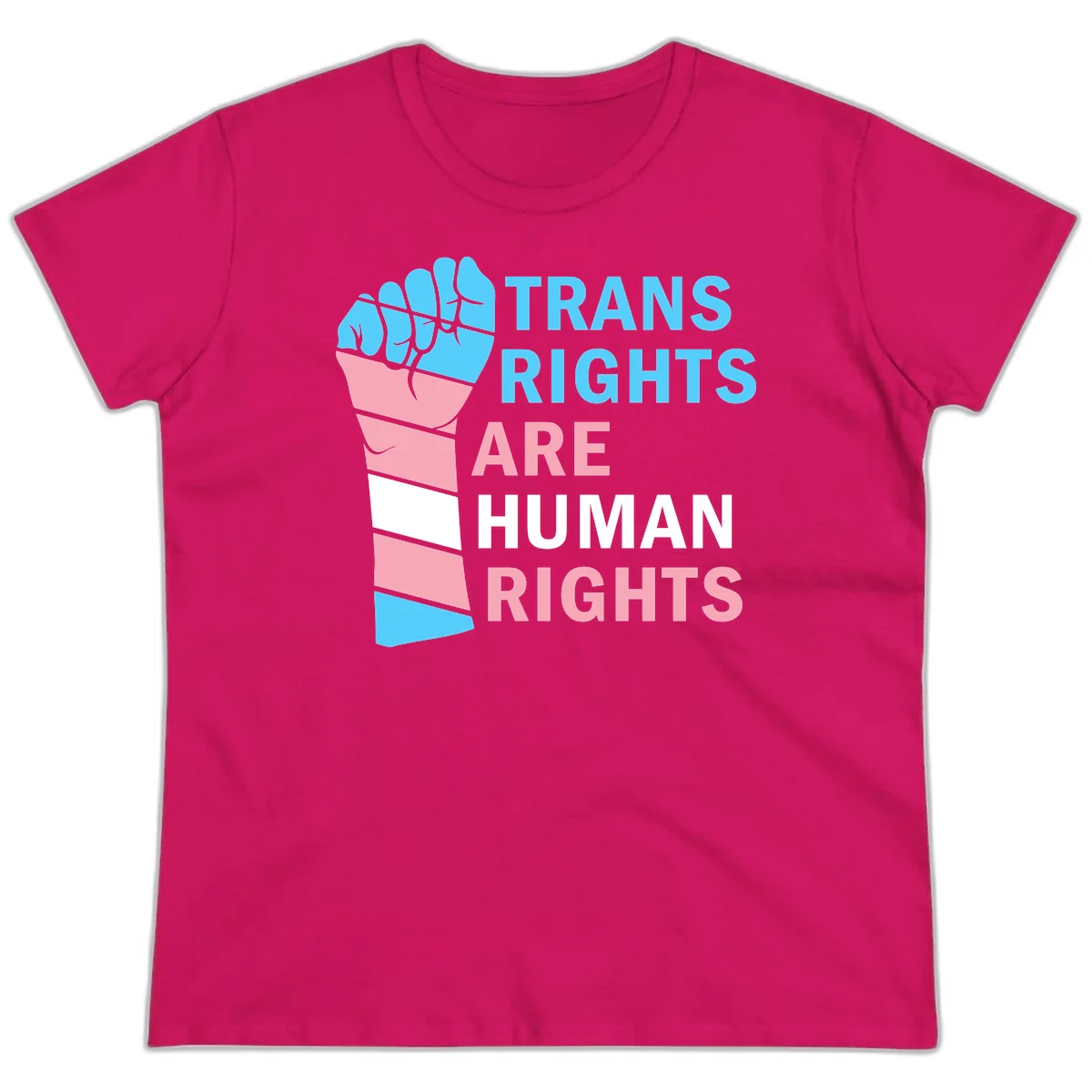 Raised fist in trans flag colors (blue, pink, white) with text 'Trans Rights Are Human Rights' promoting equality and pride in Heliconia