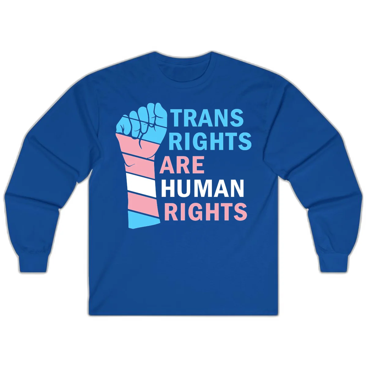 Raised fist in trans flag colors (blue, pink, white) with text 'Trans Rights Are Human Rights' promoting equality and pride in Royal