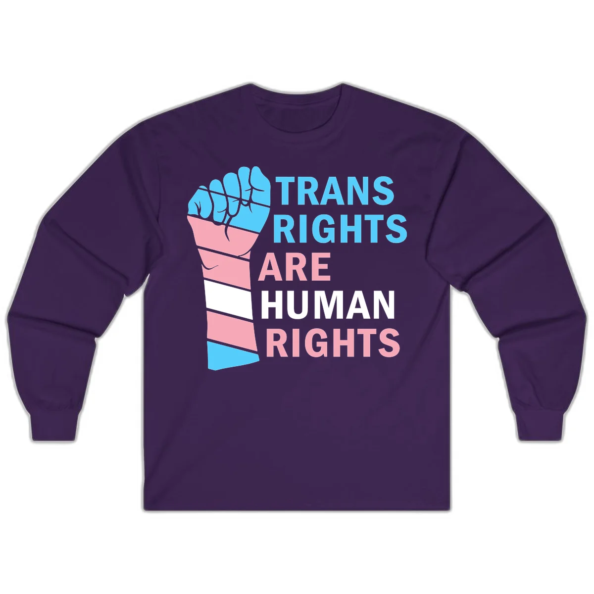 Raised fist in trans flag colors (blue, pink, white) with text 'Trans Rights Are Human Rights' promoting equality and pride in Purple