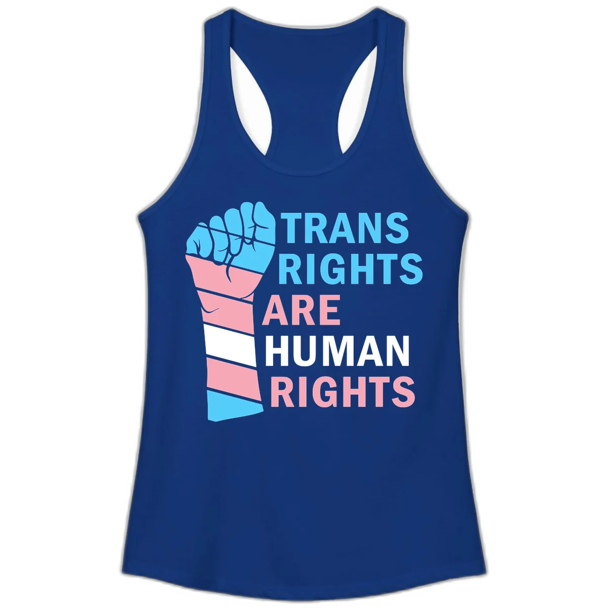Raised fist in trans flag colors (blue, pink, white) with text 'Trans Rights Are Human Rights' promoting equality and pride in Solid Royal
