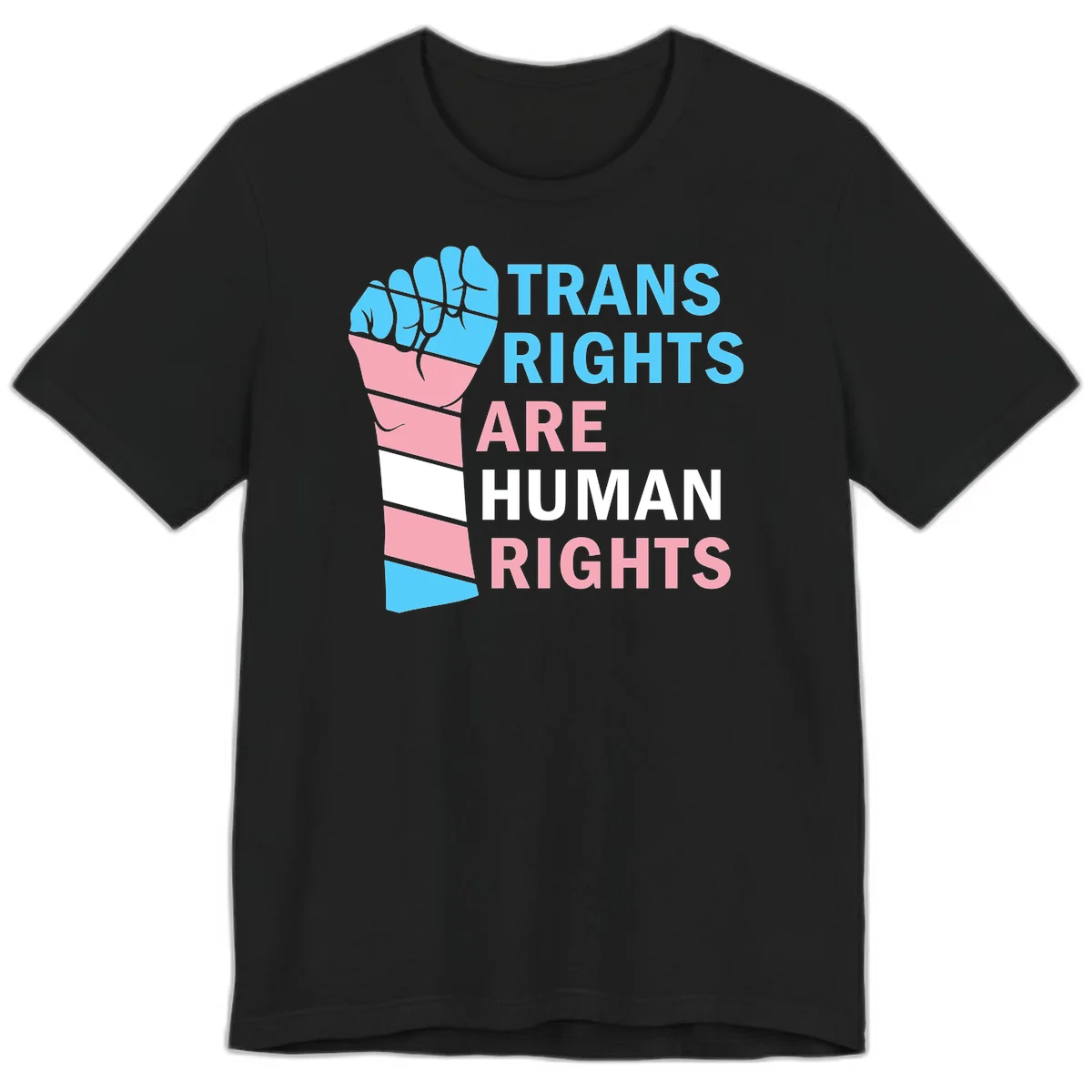 Raised fist in trans flag colors (blue, pink, white) with text 'Trans Rights Are Human Rights' promoting equality and pride in Black