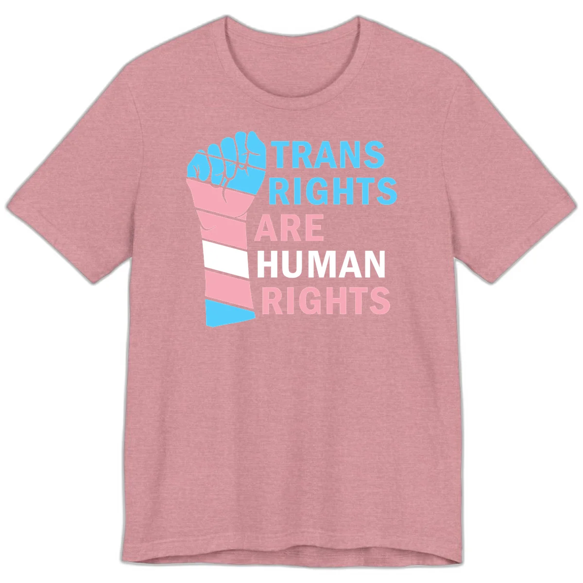 Raised fist in trans flag colors (blue, pink, white) with text 'Trans Rights Are Human Rights' promoting equality and pride in Heather Orchid