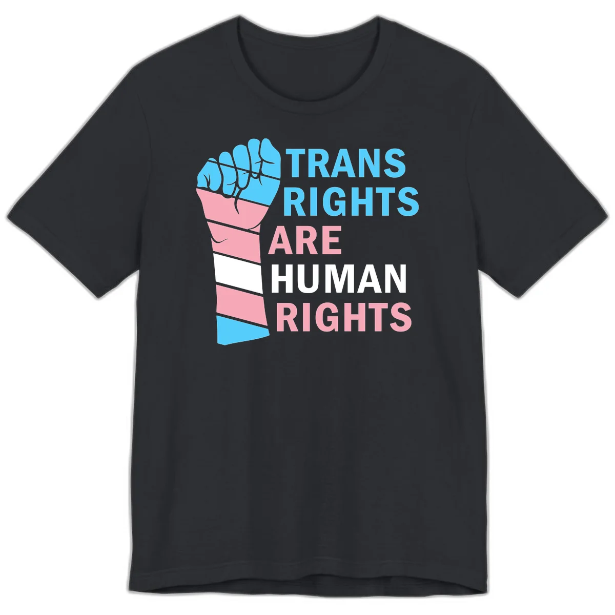 Raised fist in trans flag colors (blue, pink, white) with text 'Trans Rights Are Human Rights' promoting equality and pride in Vintage Black