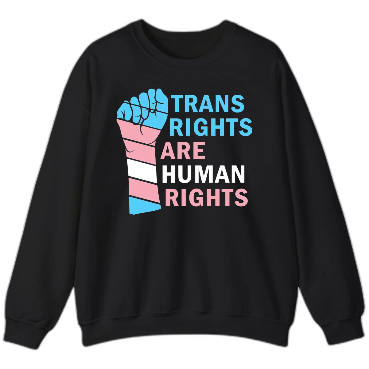 Raised fist in trans flag colors (blue, pink, white) with text 'Trans Rights Are Human Rights' promoting equality and pride in Black