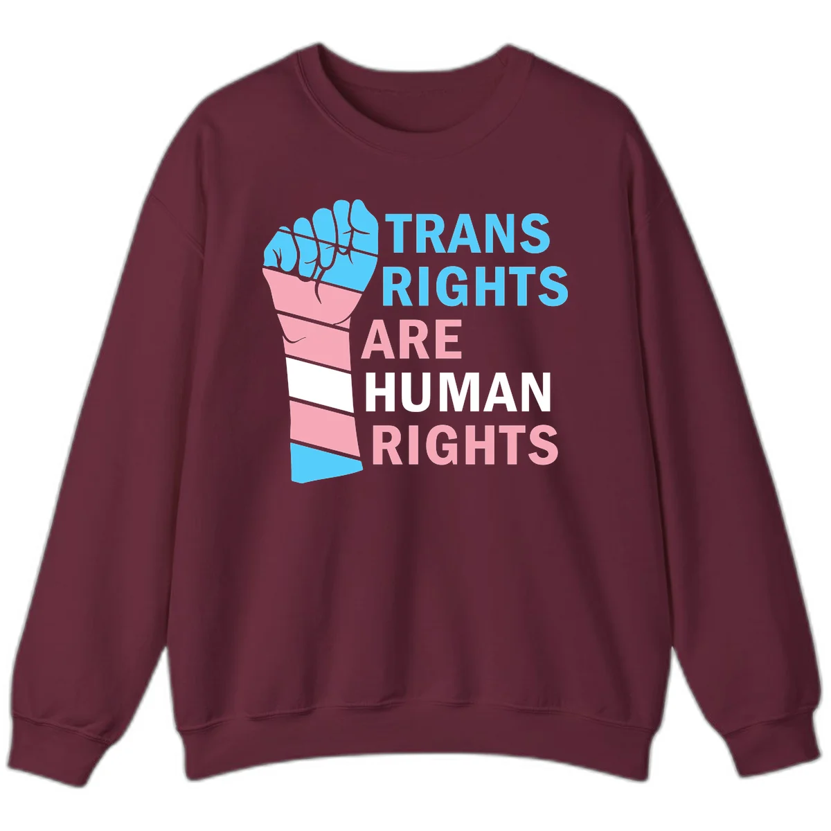Raised fist in trans flag colors (blue, pink, white) with text 'Trans Rights Are Human Rights' promoting equality and pride in Maroon