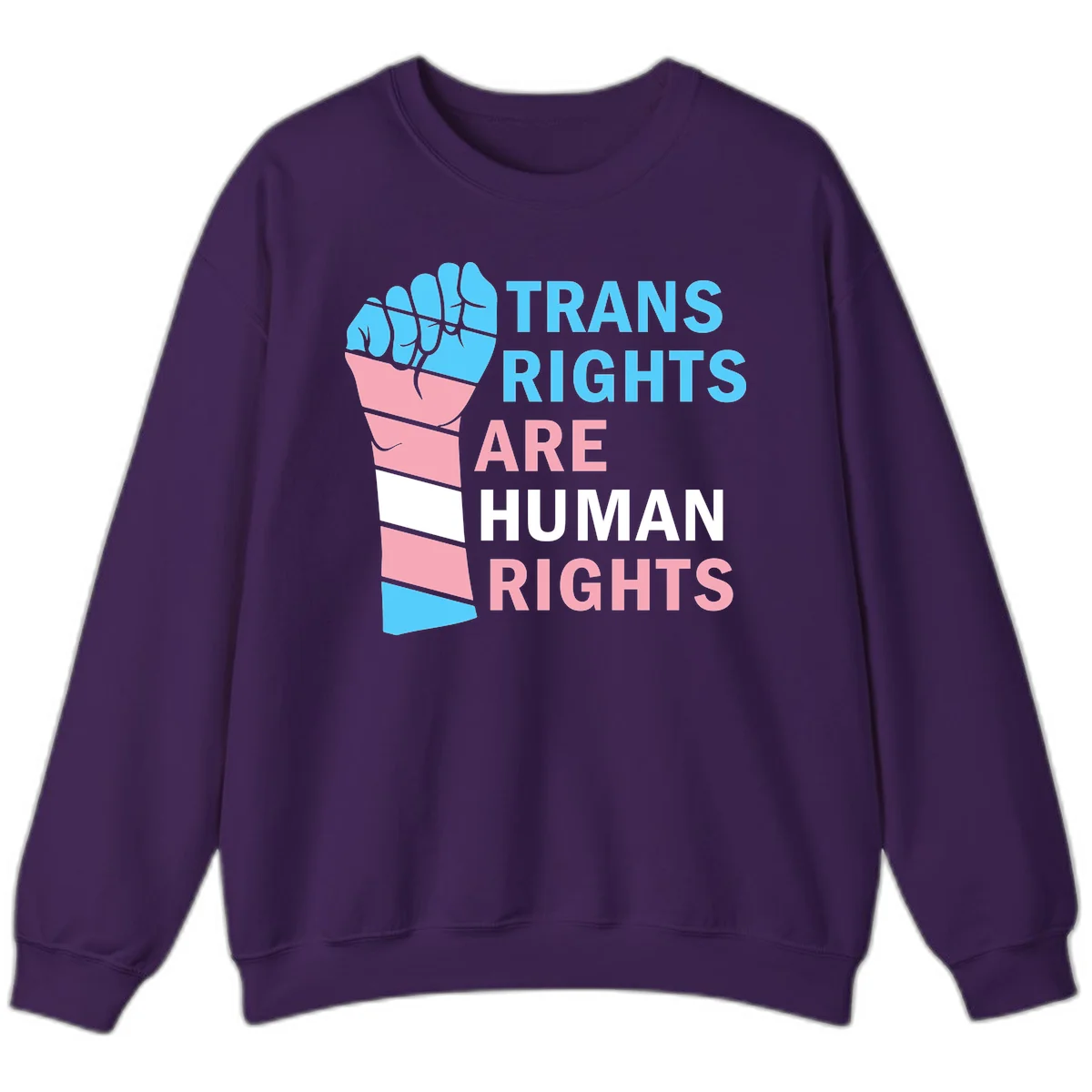 Raised fist in trans flag colors (blue, pink, white) with text 'Trans Rights Are Human Rights' promoting equality and pride in Purple