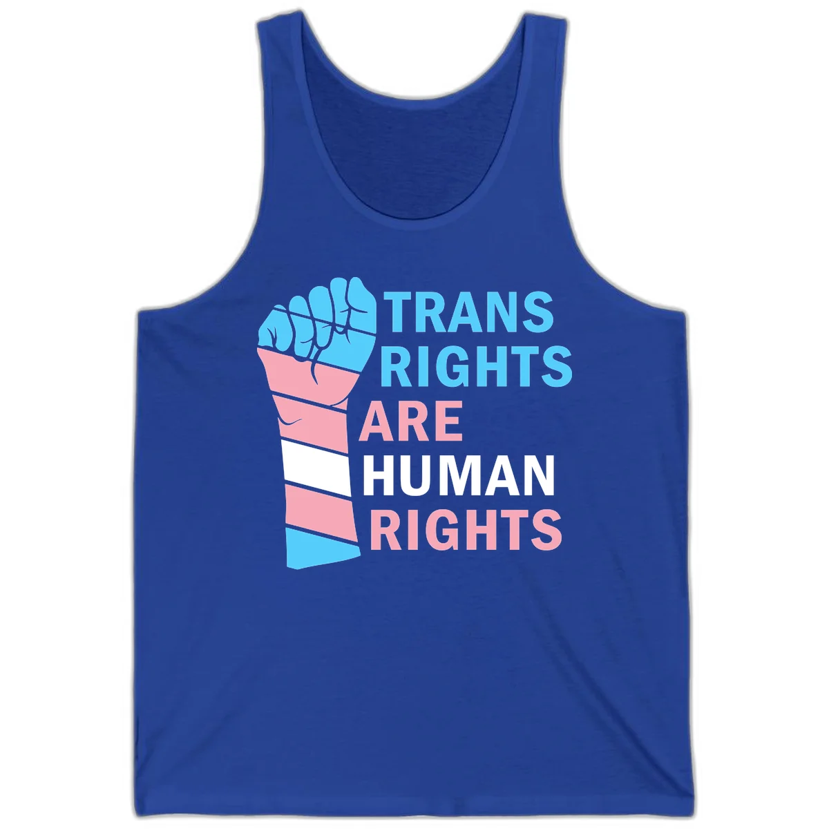 Raised fist in trans flag colors (blue, pink, white) with text 'Trans Rights Are Human Rights' promoting equality and pride in True Royal