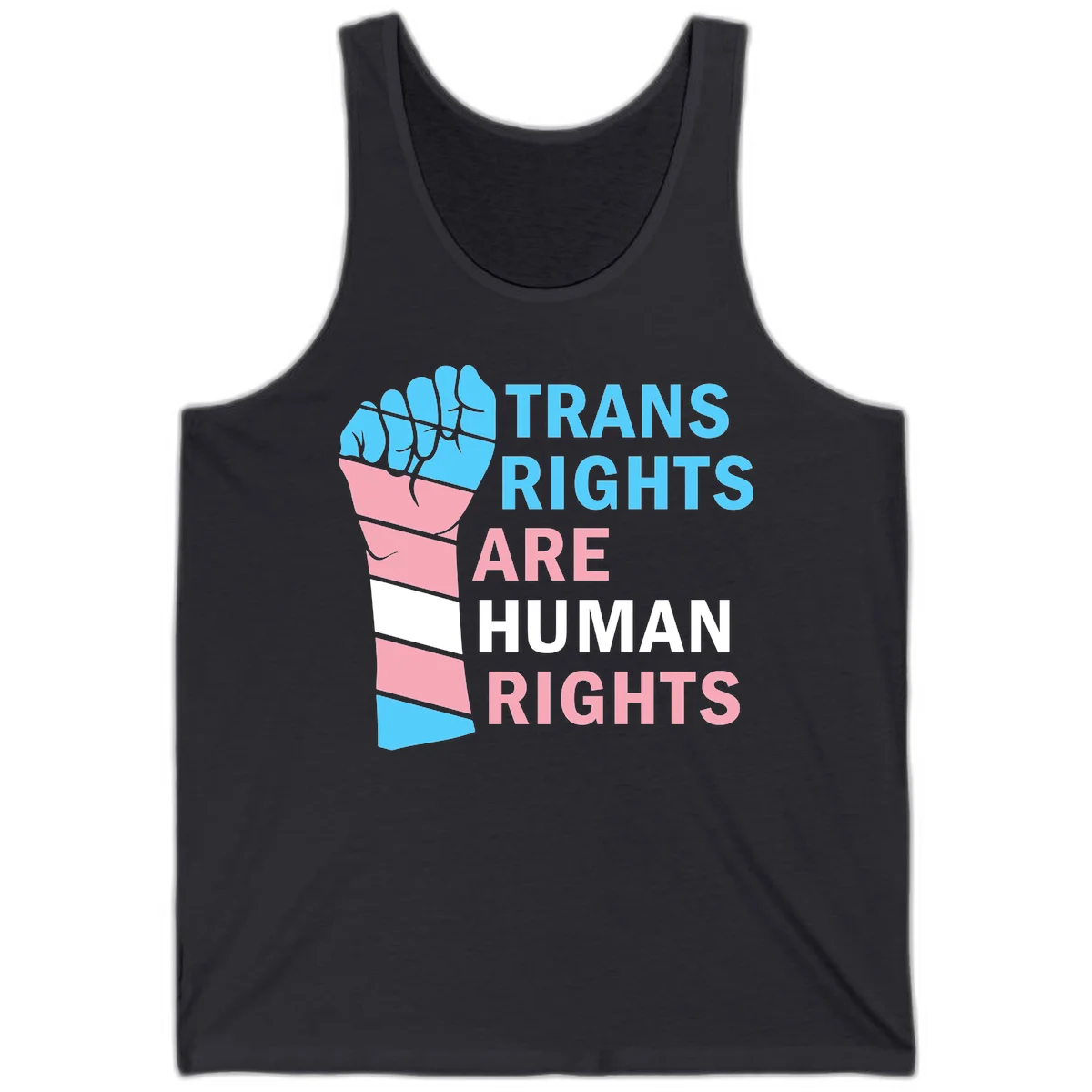Raised fist in trans flag colors (blue, pink, white) with text 'Trans Rights Are Human Rights' promoting equality and pride in Dark Grey