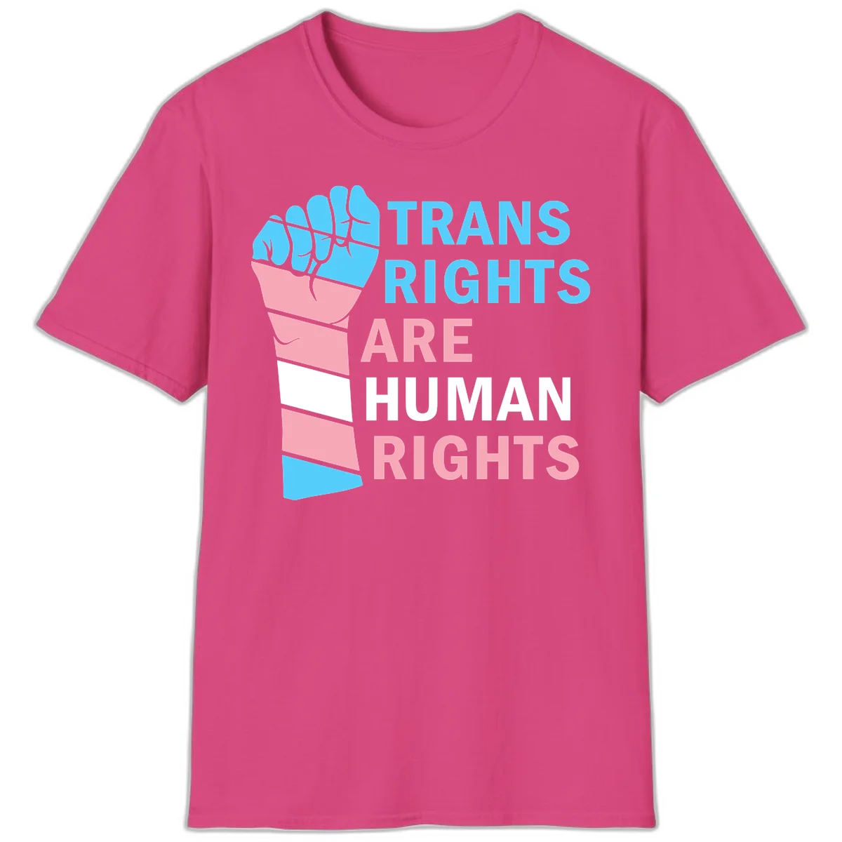 Raised fist in trans flag colors (blue, pink, white) with text 'Trans Rights Are Human Rights' promoting equality and pride in Heliconia
