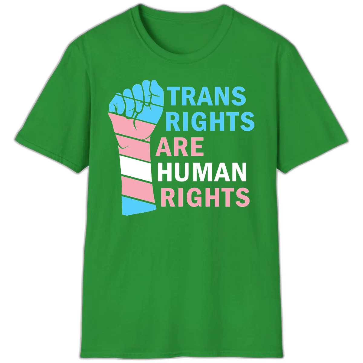 Raised fist in trans flag colors (blue, pink, white) with text 'Trans Rights Are Human Rights' promoting equality and pride in Irish Green
