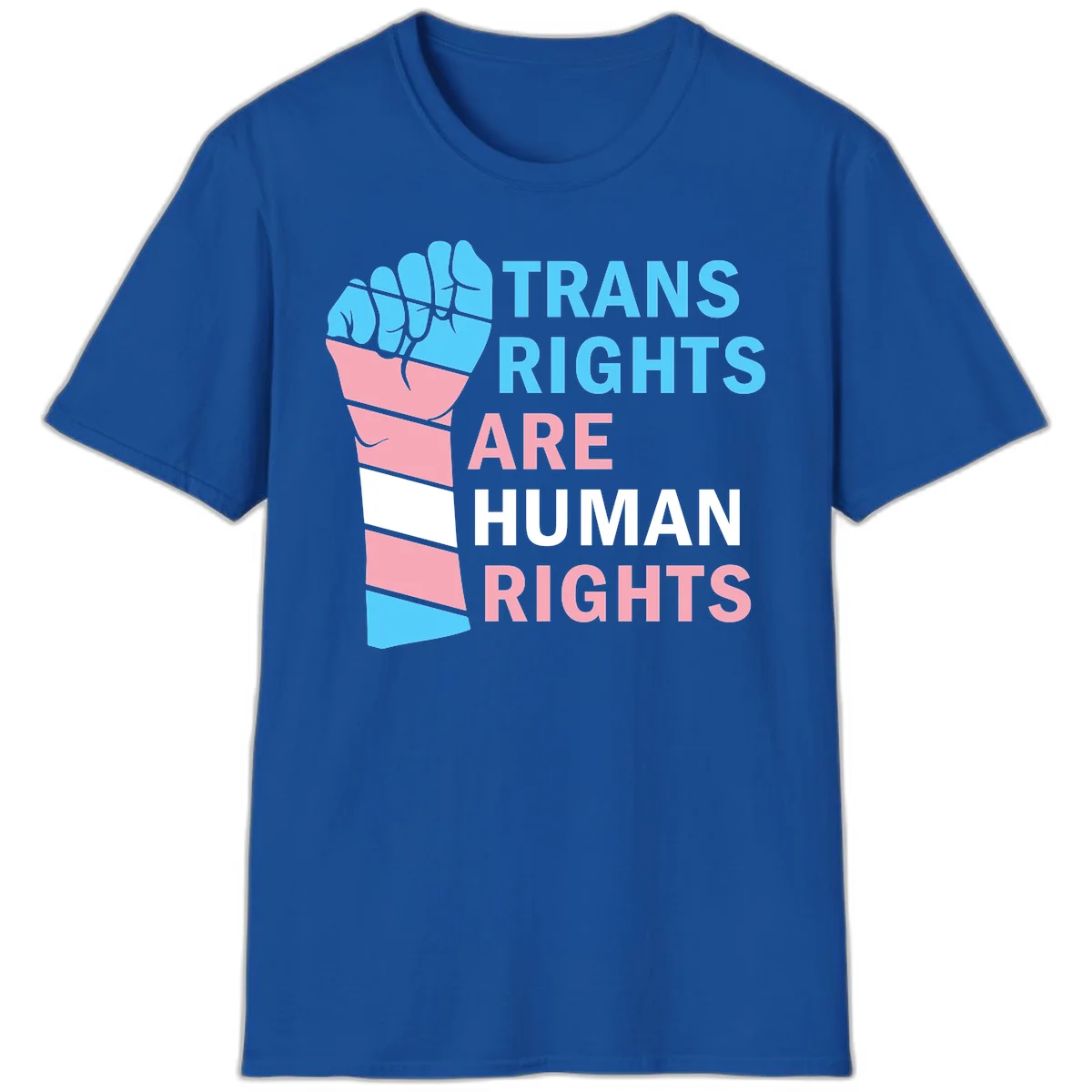 Raised fist in trans flag colors (blue, pink, white) with text 'Trans Rights Are Human Rights' promoting equality and pride in Royal
