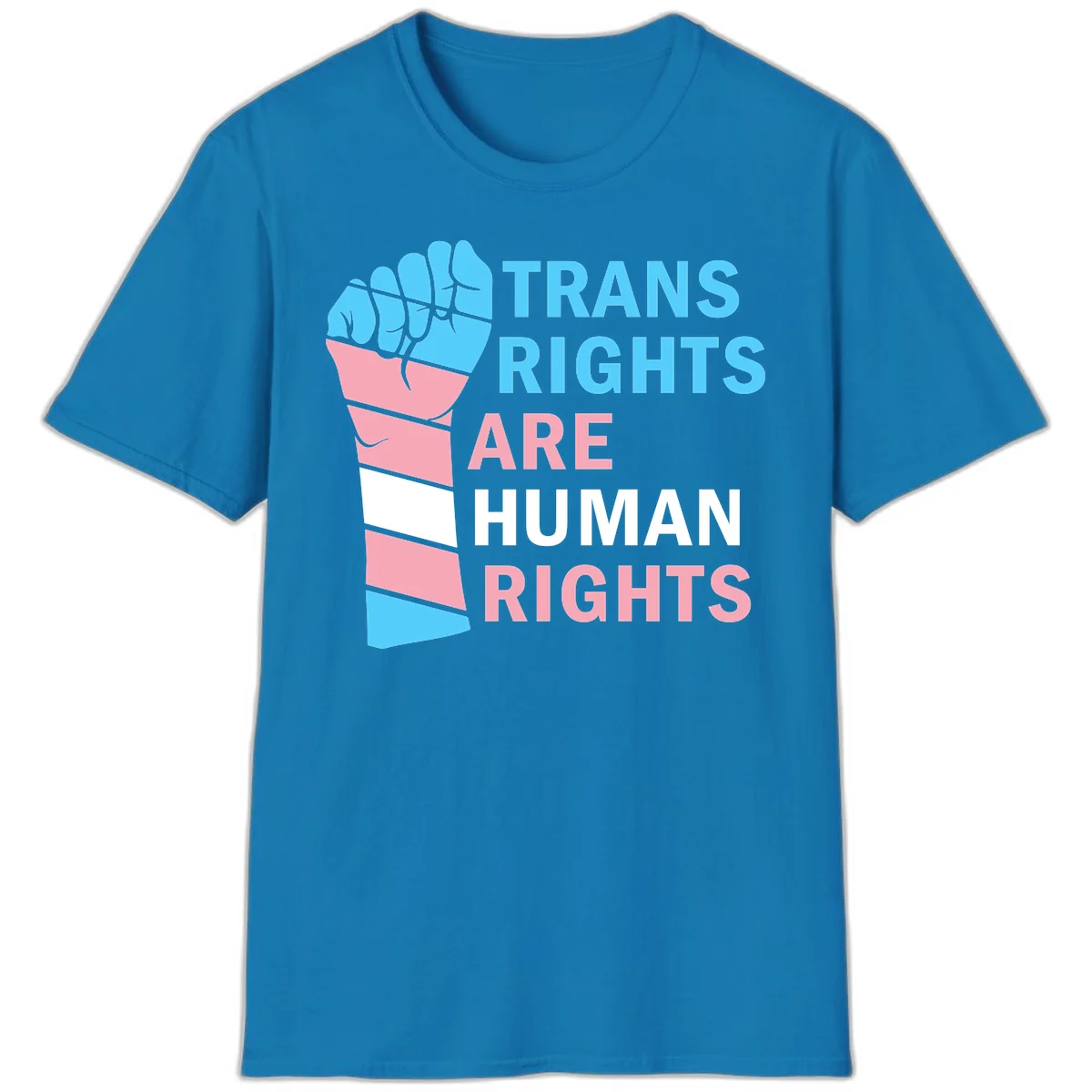 Raised fist in trans flag colors (blue, pink, white) with text 'Trans Rights Are Human Rights' promoting equality and pride in Sapphire