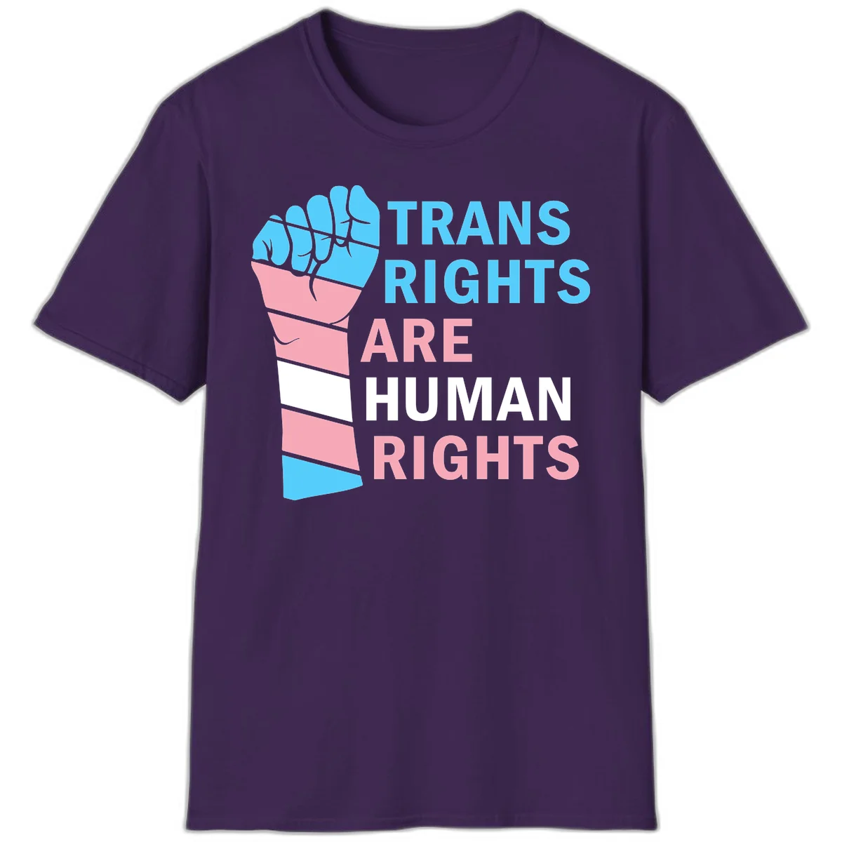 Raised fist in trans flag colors (blue, pink, white) with text 'Trans Rights Are Human Rights' promoting equality and pride in Purple