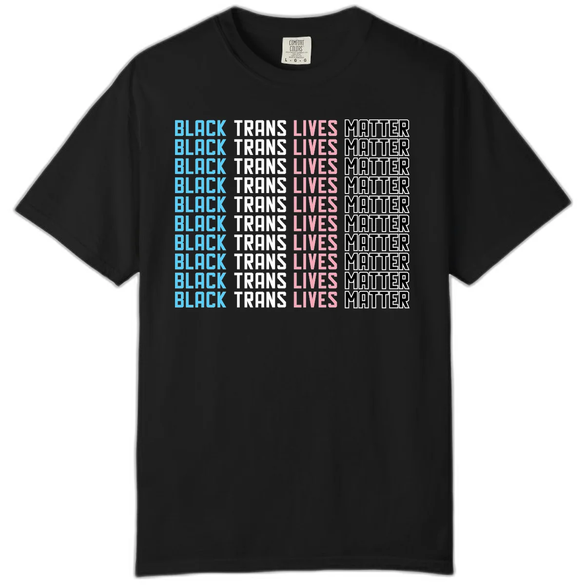 Black trans lives matter repeating text pattern in blue, white, pink and black on gray background in Black