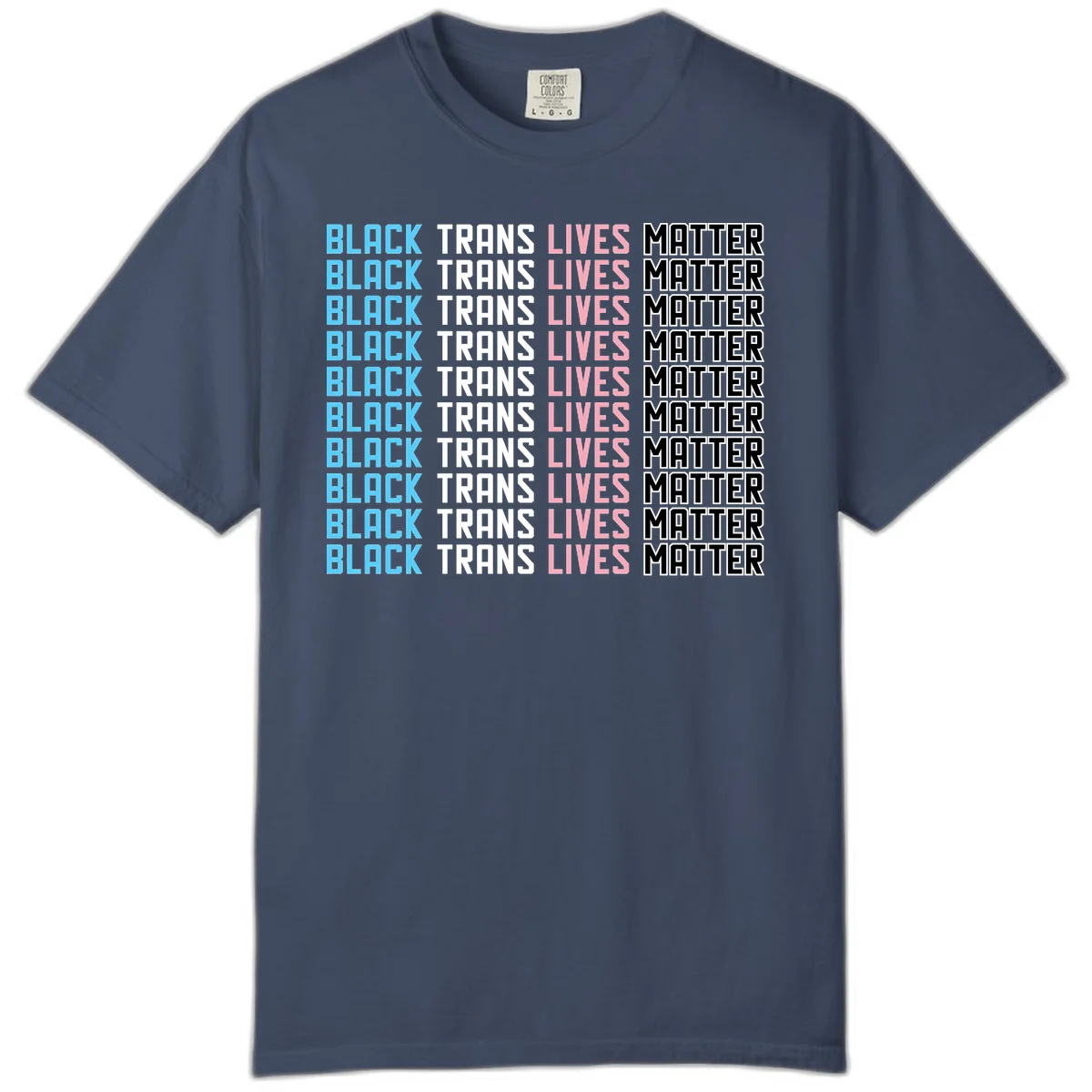 Black trans lives matter repeating text pattern in blue, white, pink and black on gray background in Midnight