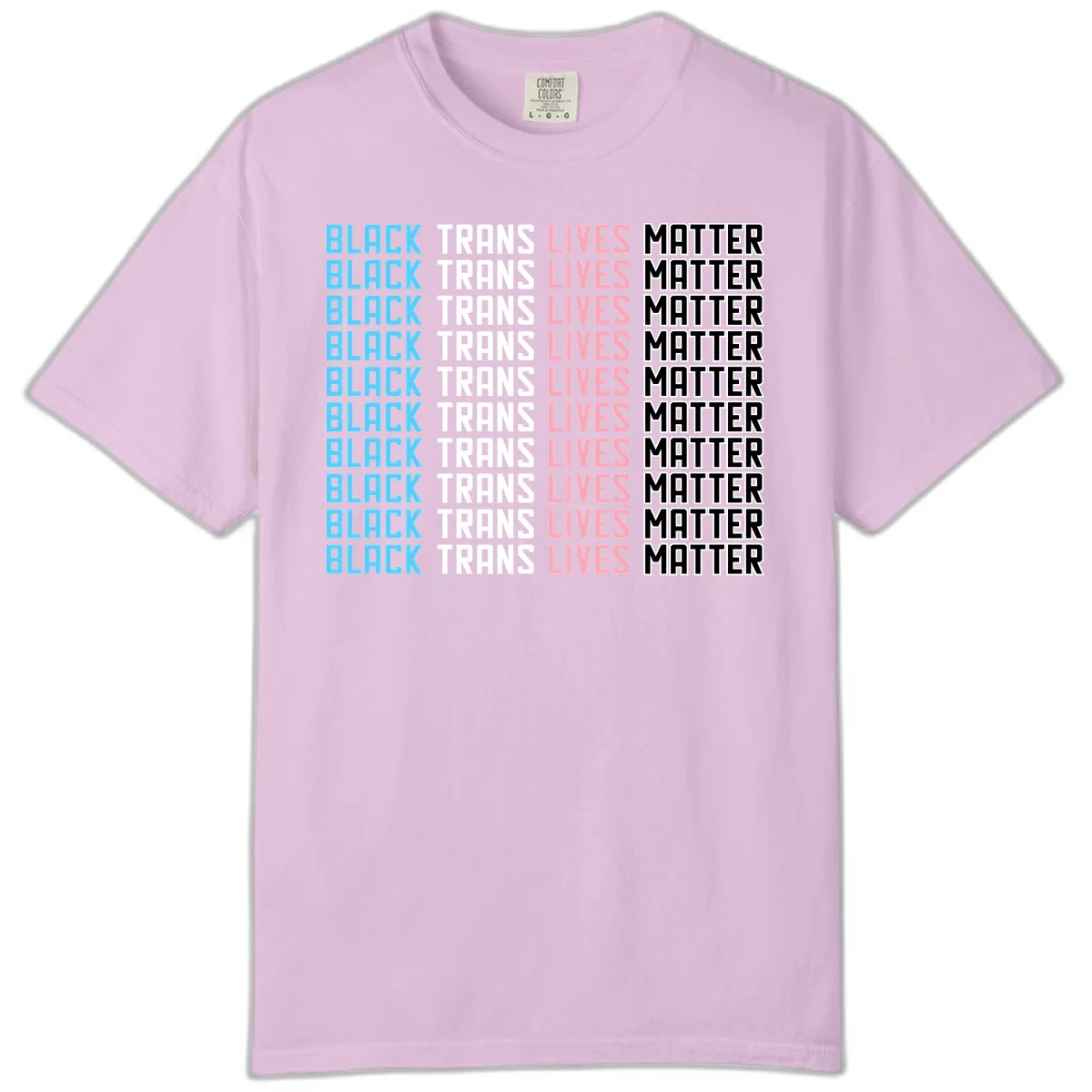 Black trans lives matter repeating text pattern in blue, white, pink and black on gray background in Orchid