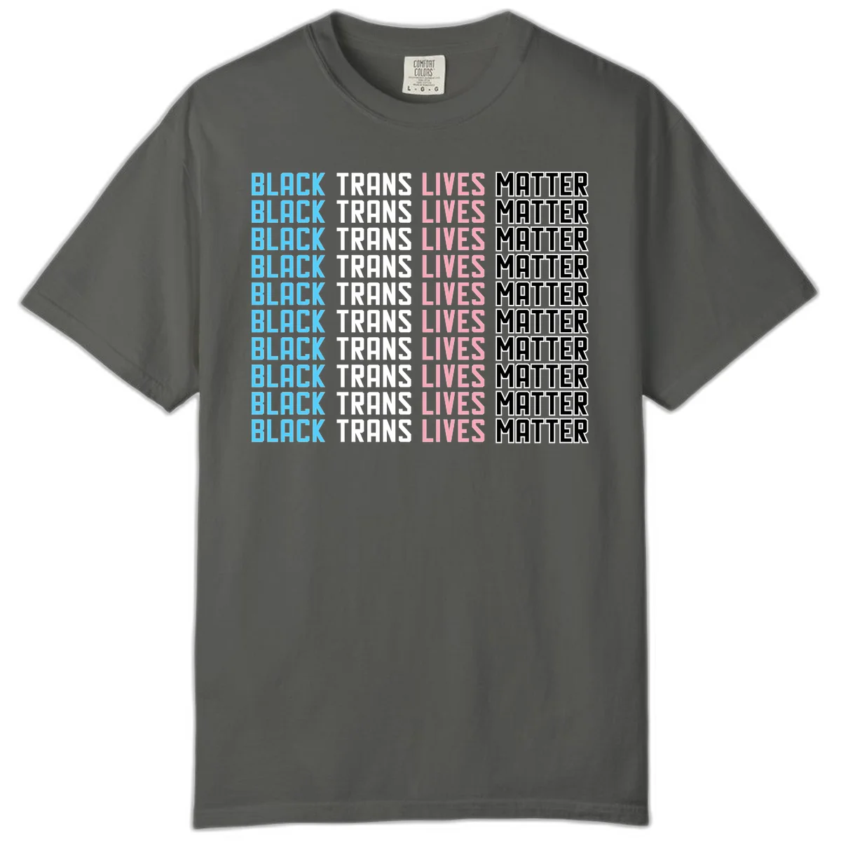 Black trans lives matter repeating text pattern in blue, white, pink and black on gray background in Pepper