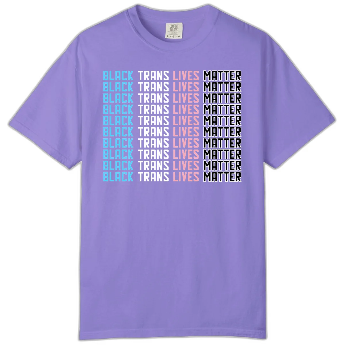 Black trans lives matter repeating text pattern in blue, white, pink and black on gray background in Violet