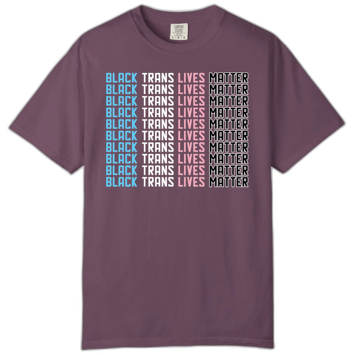 Black trans lives matter repeating text pattern in blue, white, pink and black on gray background in Berry