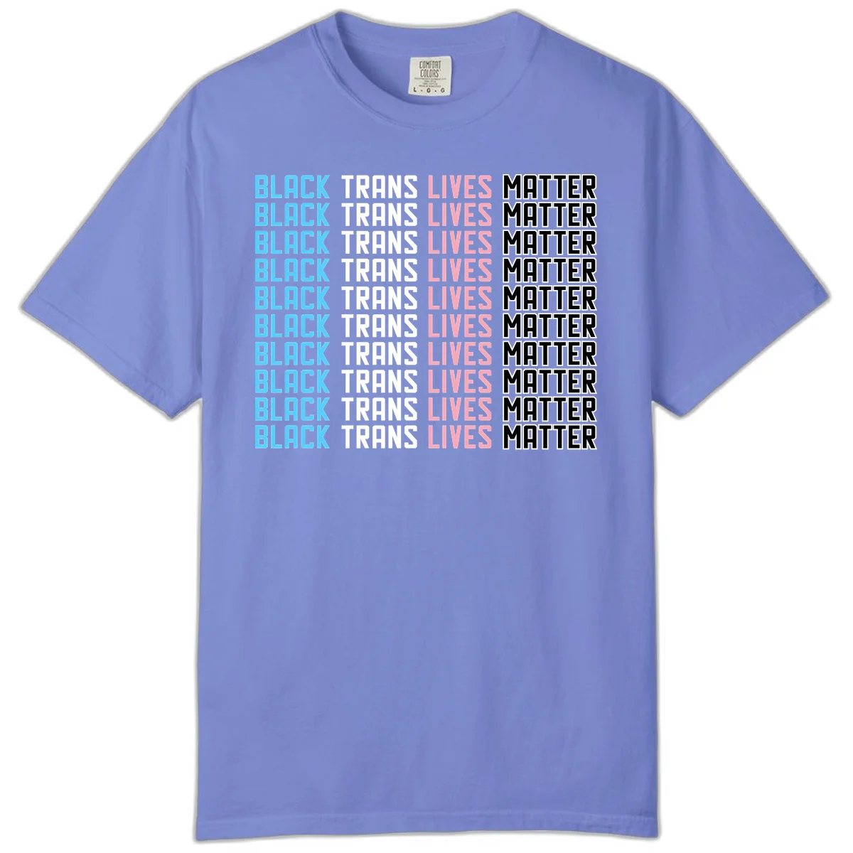 Black trans lives matter repeating text pattern in blue, white, pink and black on gray background in Flo Blue