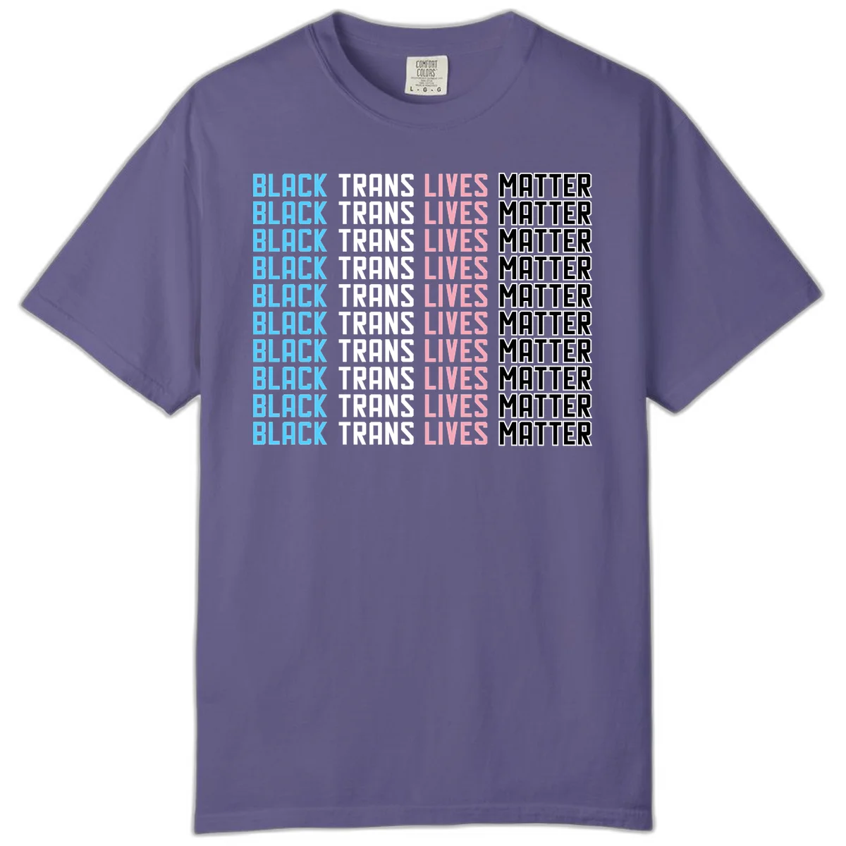 Black trans lives matter repeating text pattern in blue, white, pink and black on gray background in Grape