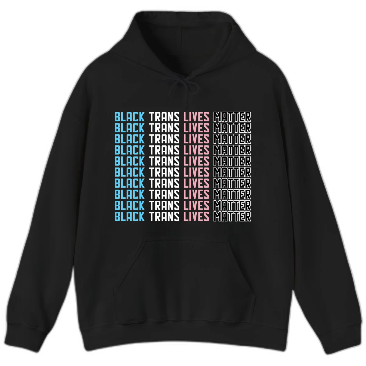 Black trans lives matter repeating text pattern in blue, white, pink and black on gray background in Black