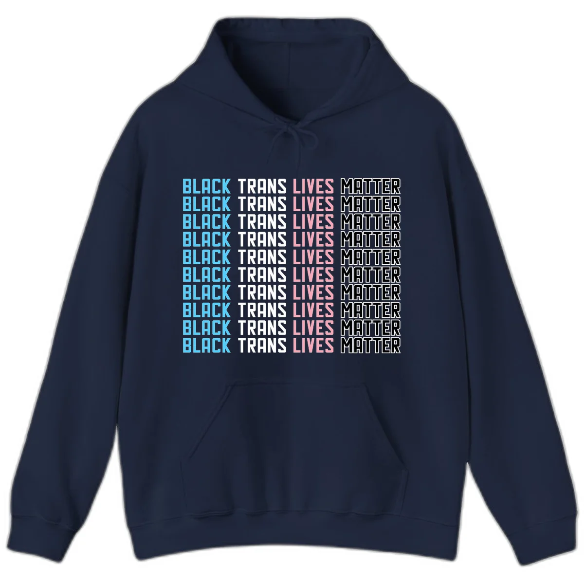 Black trans lives matter repeating text pattern in blue, white, pink and black on gray background in Navy