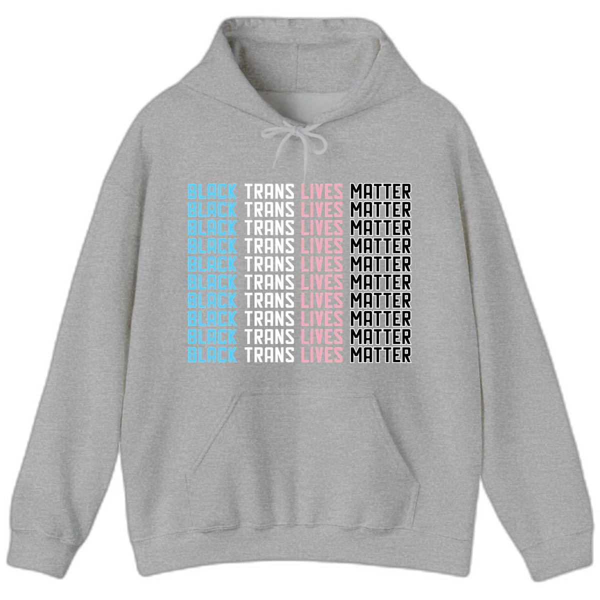 Black trans lives matter repeating text pattern in blue, white, pink and black on gray background in Sport Grey