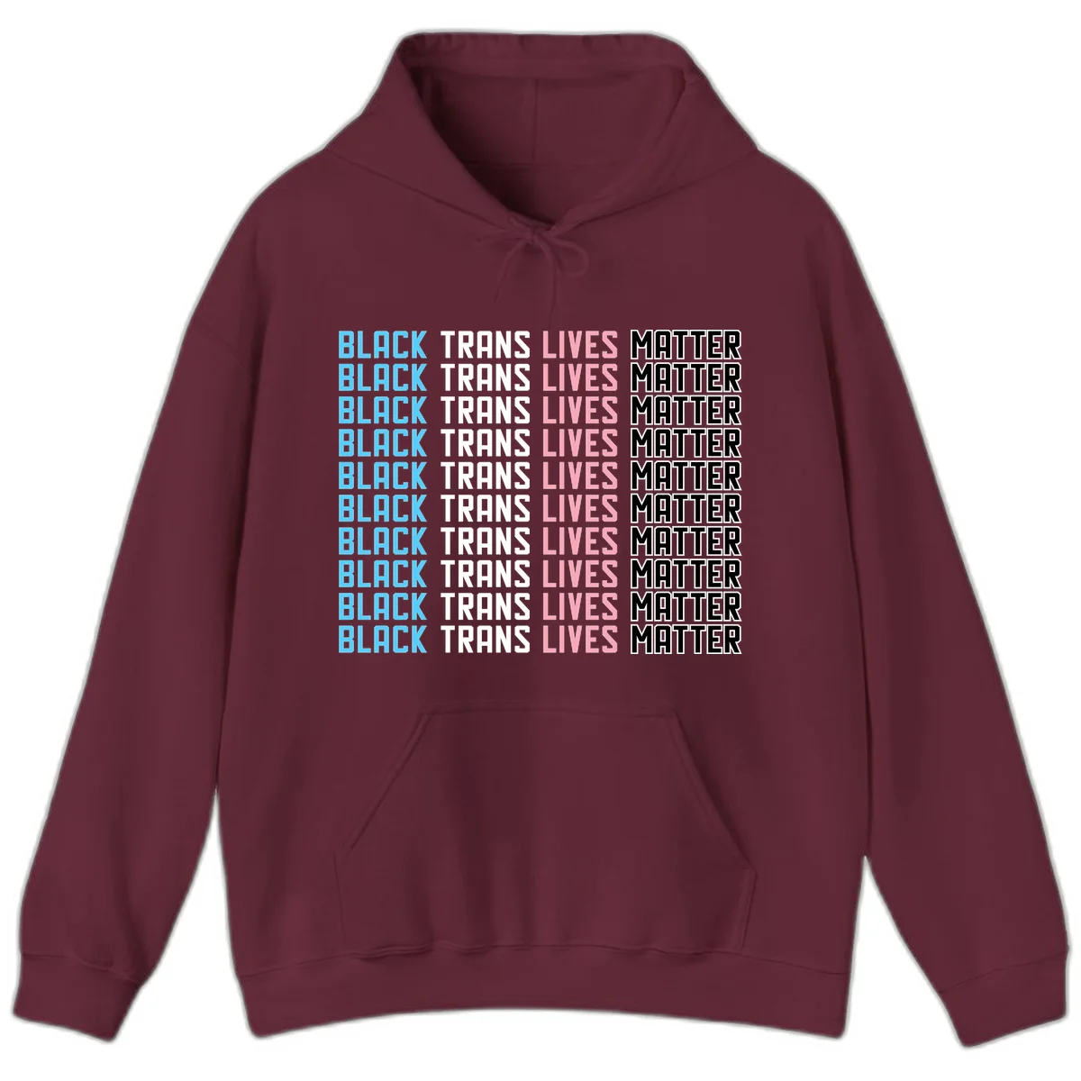 Black trans lives matter repeating text pattern in blue, white, pink and black on gray background in Maroon